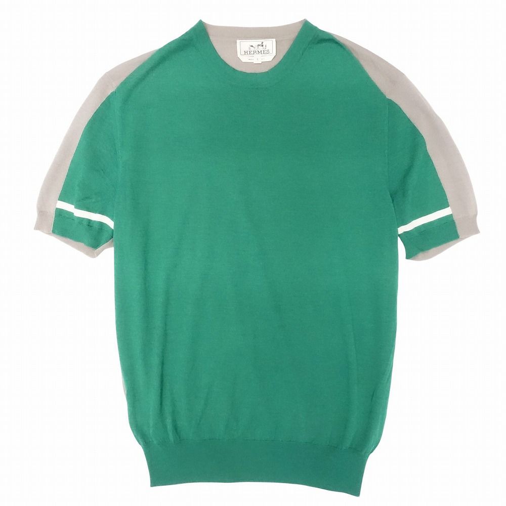 HERMES エルメス ニット セーター 半袖 バイカラー 切替 ライン クルー