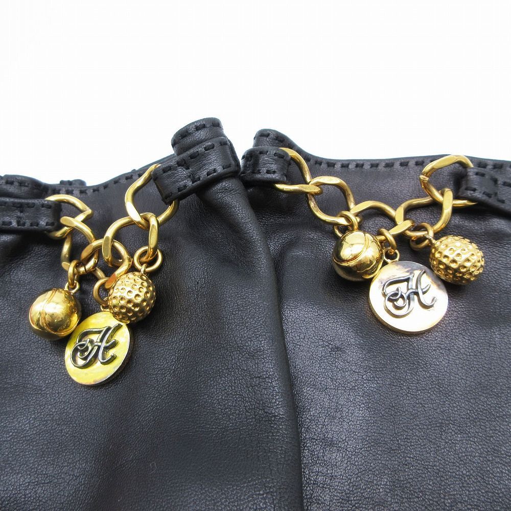  HERMES エルメス ラムレザー チャーム チェーン付き レザーグローブ 手袋 ブラック サイズ7 5 レディース TNT 手袋 アームカバー 小物