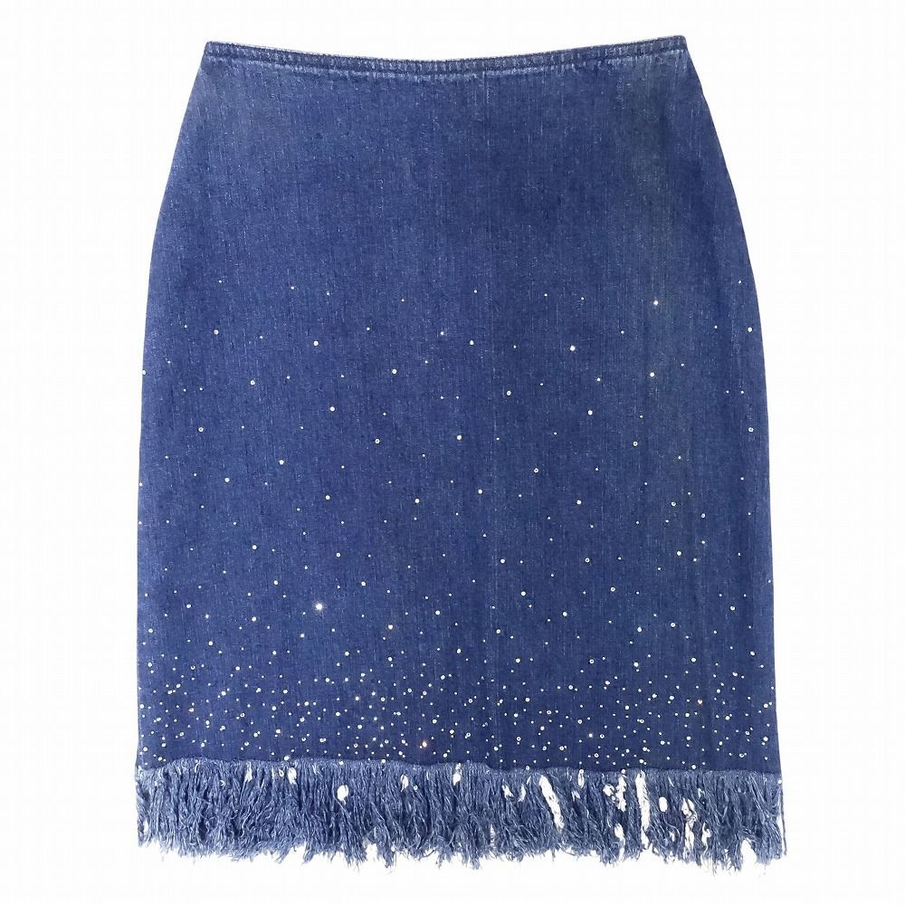 フェンディ FENDI jeans デニム スカート ひざ丈 フリンジ ラインストーン スタッズ ボトムス 40 M インディゴ レディース