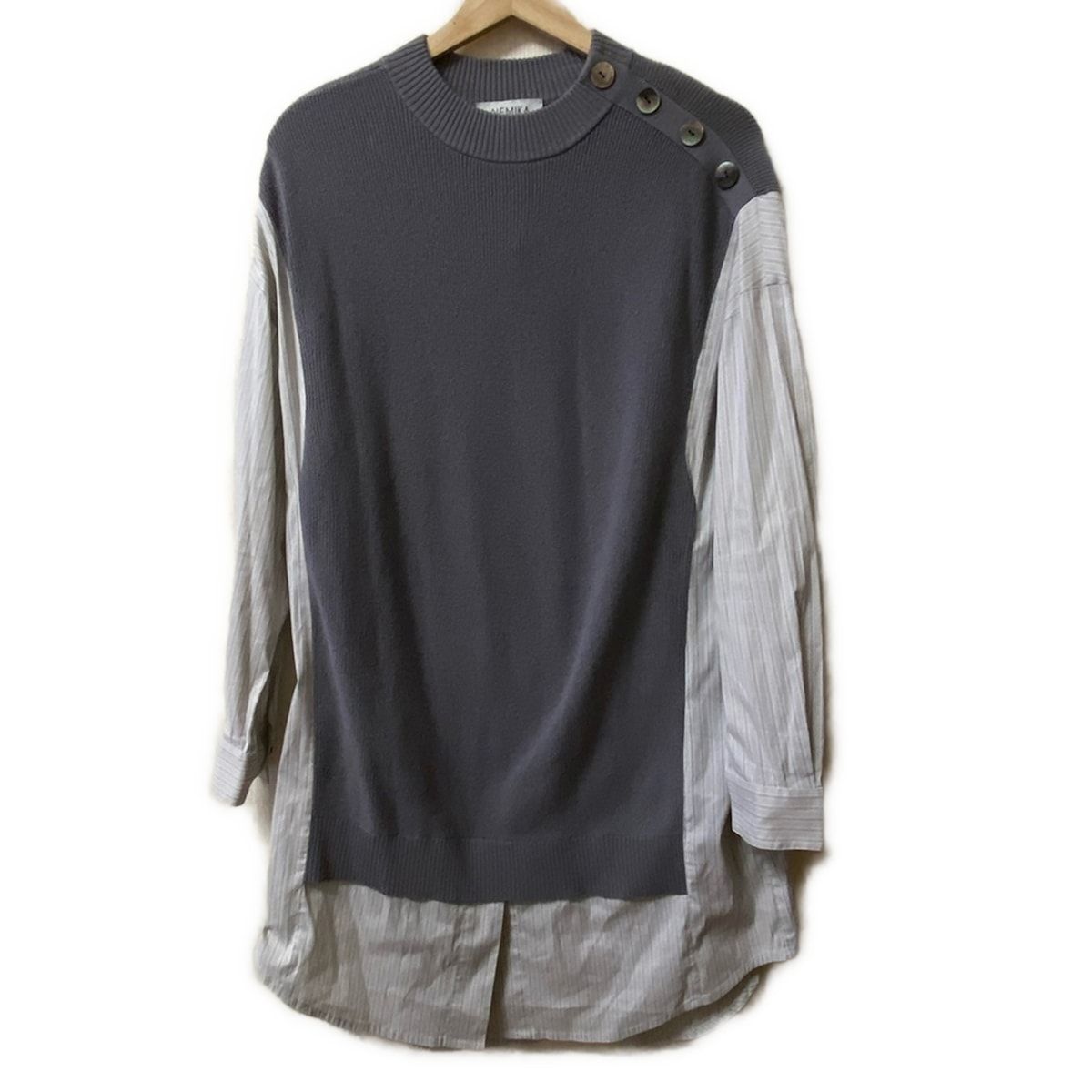 NEMIKA by Leilian ネミカ チュニック サイズ1 S レディース グレー ライトグレー マルチ ハイネック 長袖 ニット ストライプ