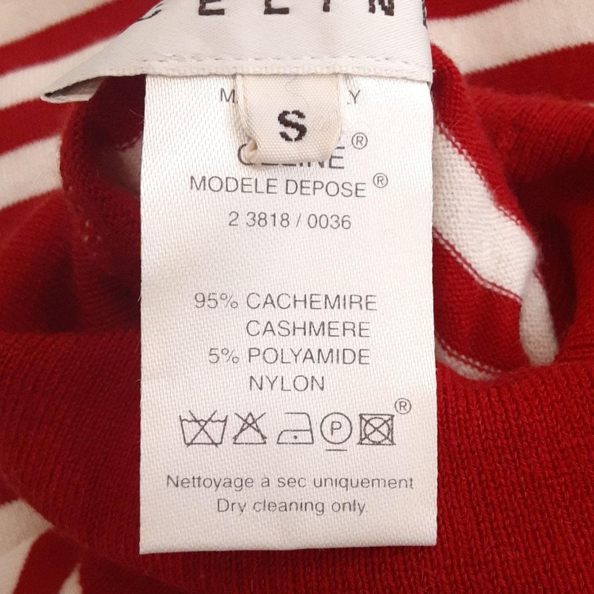 送料無料。 CELINE セリーヌ 長袖カットソー サイズS レディース - レッド×白 タートルネック カシミヤ混 ボーダー ヴィンテージ