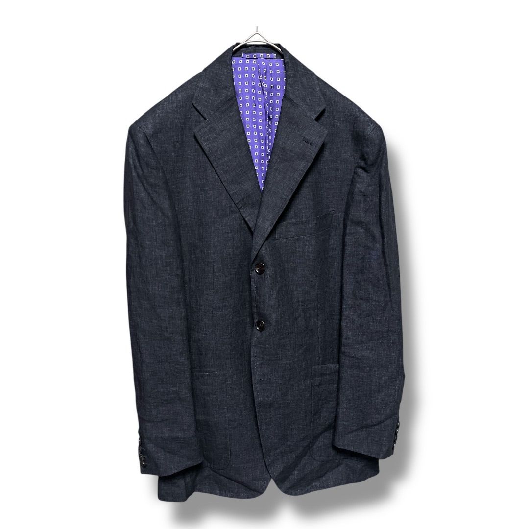 Frank Namani フランクナマーニ Ultimum Linen Private Cllection リネン テーラードジャケット 段返り 3ボタン エルボーパッチ 背抜き サイドベンツ メンズ サイズ48 ブラック系 久喜倉庫店 45 No.K837Y