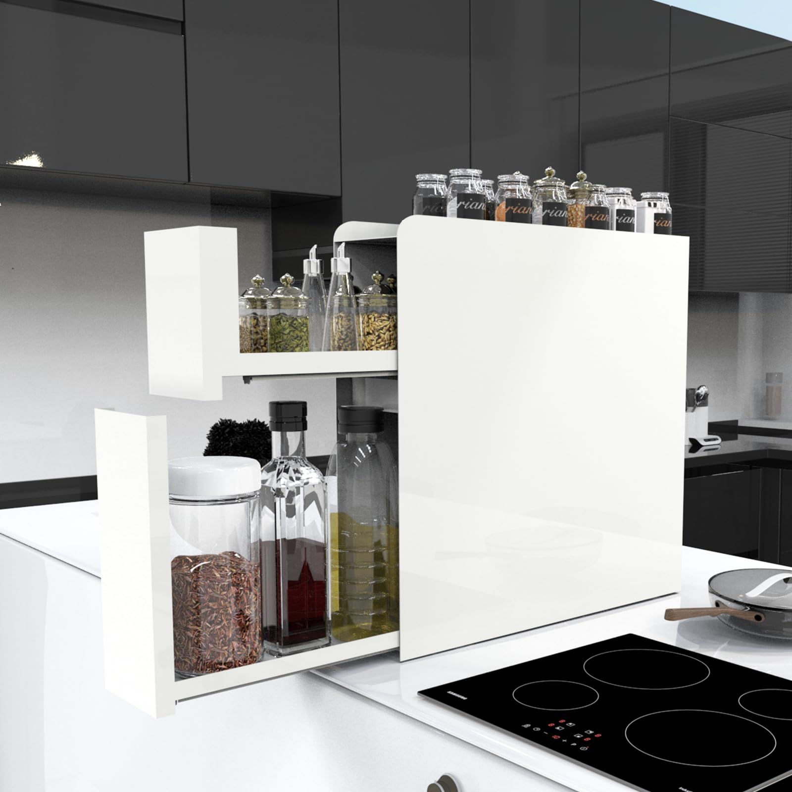 一体成型 取付不要 隠せる調味料ラック 2段 幅12.4 cm 奥行50 高さ50 調味料収納 台所用 大容量 引き出し式 コンロ横 キッチンラック ホワイト