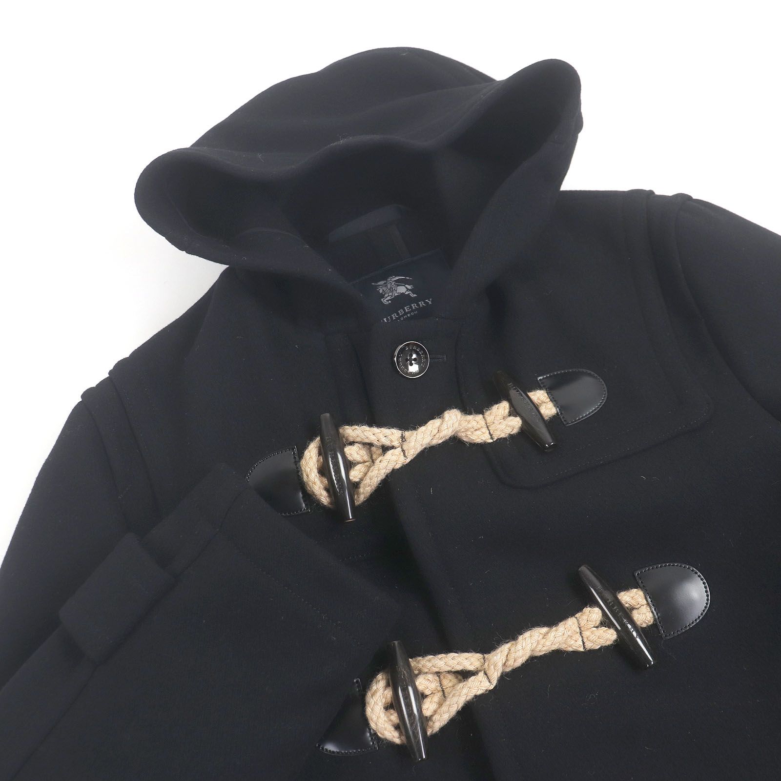 BURBERRY LONDON バーバリーロンドン ウール 一部牛革 トグルボタン フーデッド ダッフルコート ブラック M メンズ