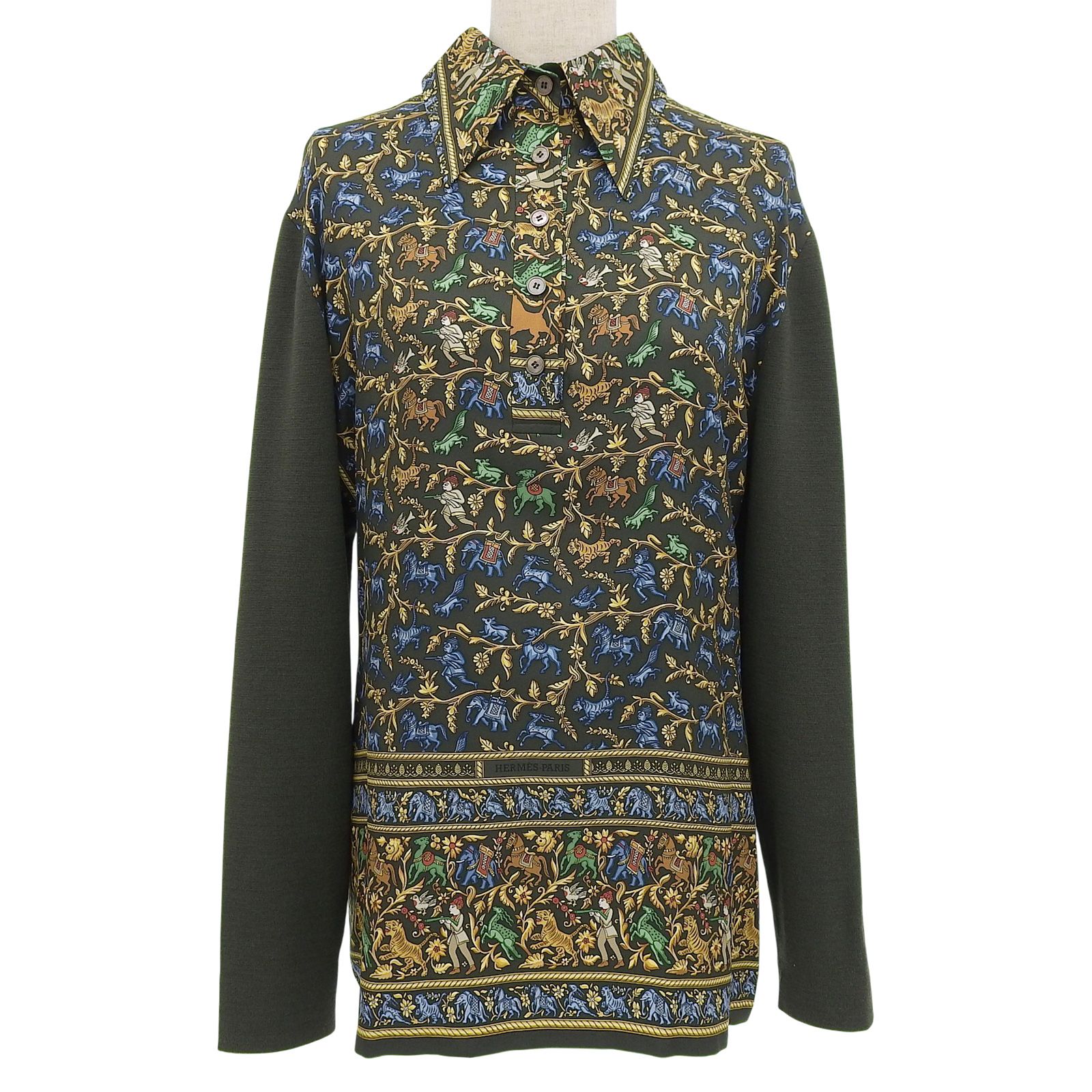 HERMES エルメス ヴィンテージ ツイルレーヌ INDE シルク100％ ウール100％ マルジェラ期 長袖ポロシャツ マルチ M イタリア製 レディース