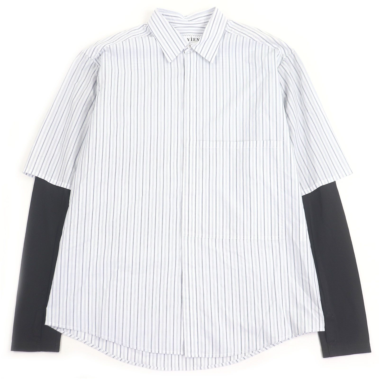 VIEN ヴィエン JERSEY SLEEVES SHIRT コットン ストライプ柄 ドッキングデザイン 長袖シャツ ブルー M イタリア製 メンズ