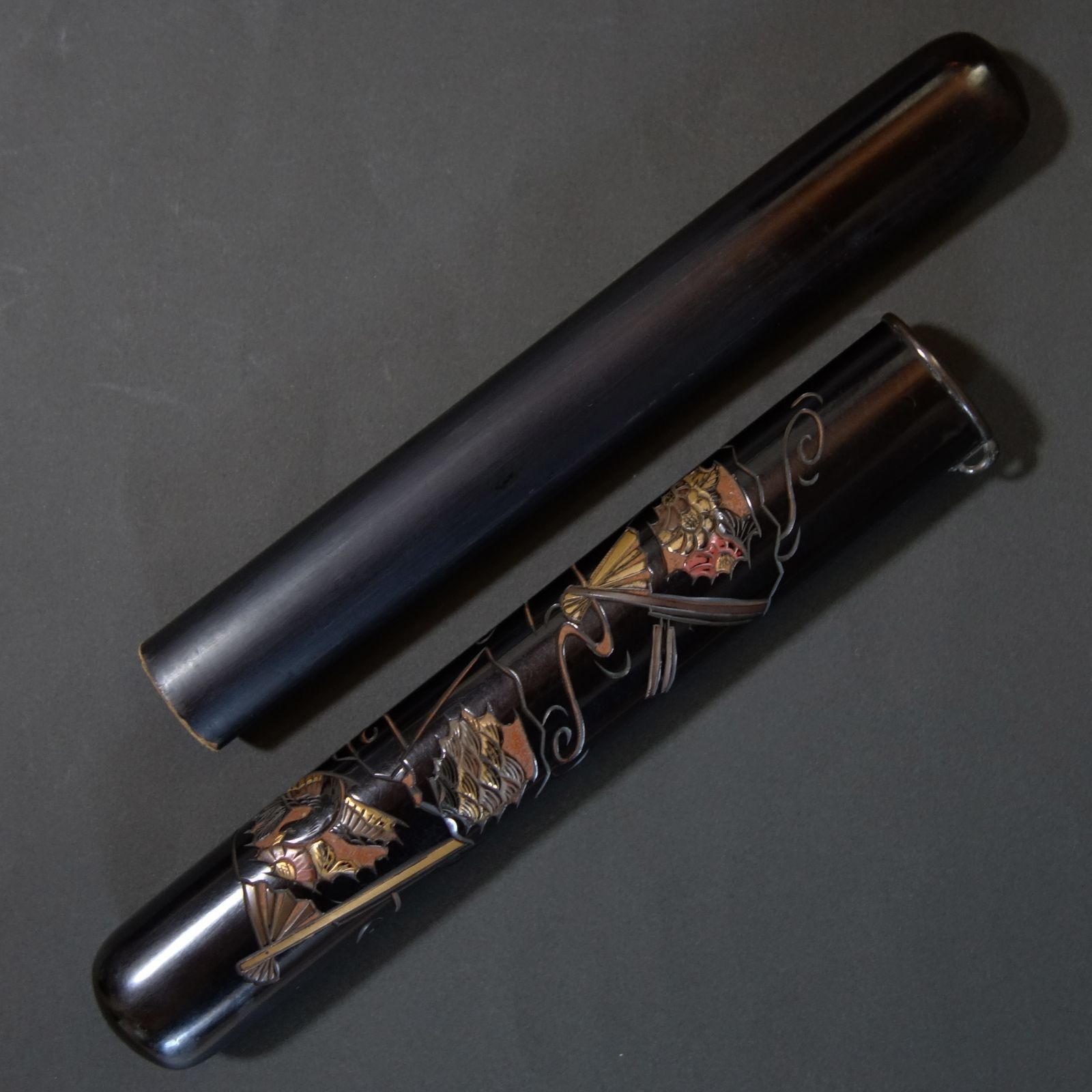 煙管筒 【 彫彩漆 蒔絵 扇花鳥青海波文様 煙管筒 】漆器 喫煙具 煙管