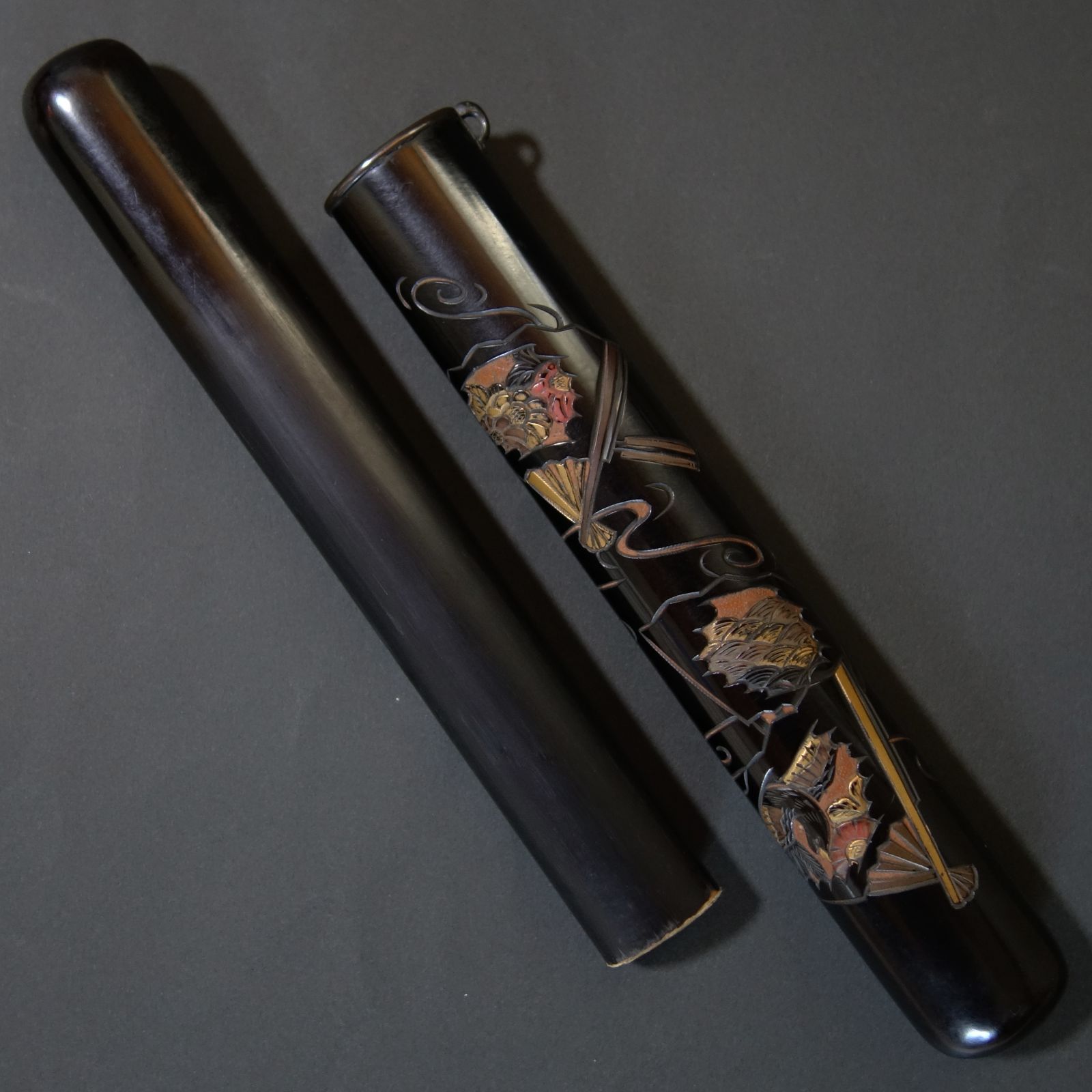 煙管筒 【 彫彩漆 蒔絵 扇花鳥青海波文様 煙管筒 】漆器 喫煙具 煙管