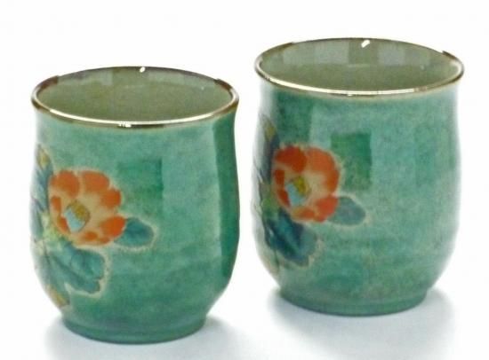 夫婦湯呑 椿に鳥緑塗り