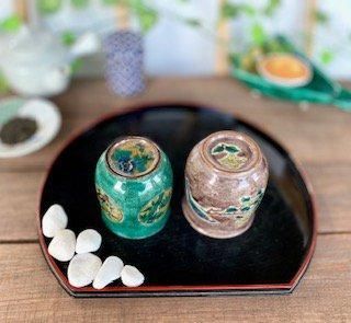 夫婦湯呑 丸紋松竹梅緑塗り＆紫塗り