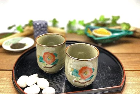 メーカー直送 九谷焼 夫婦湯呑 椿に鳥 裏絵