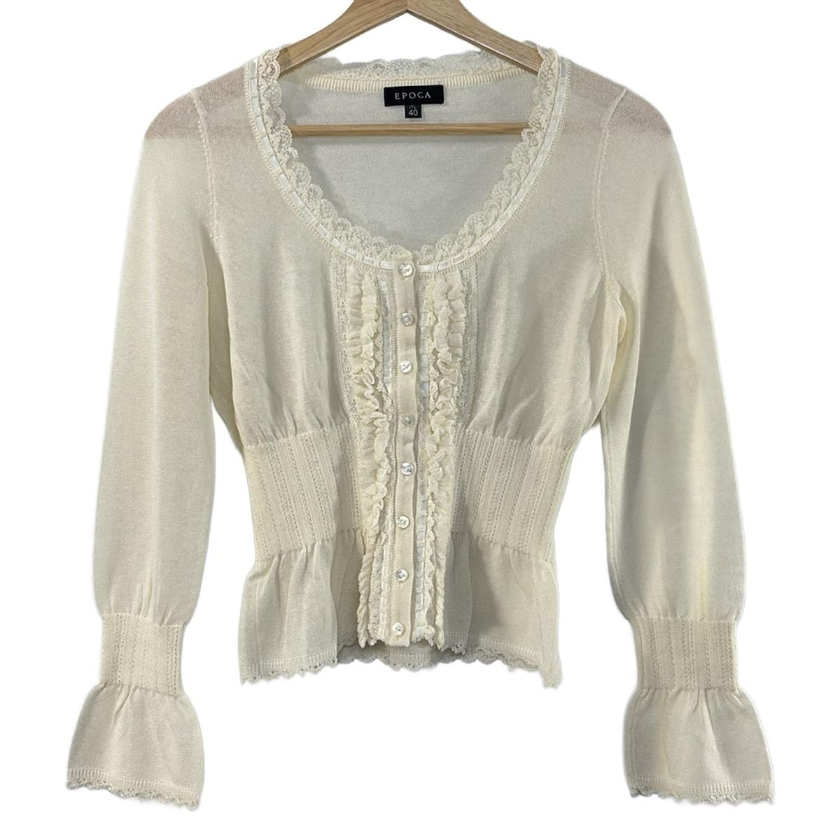 EPOCA エポカ カーディガン サイズ40 M レディース アイボリー 長袖 麻混 レース フリル ギャザー