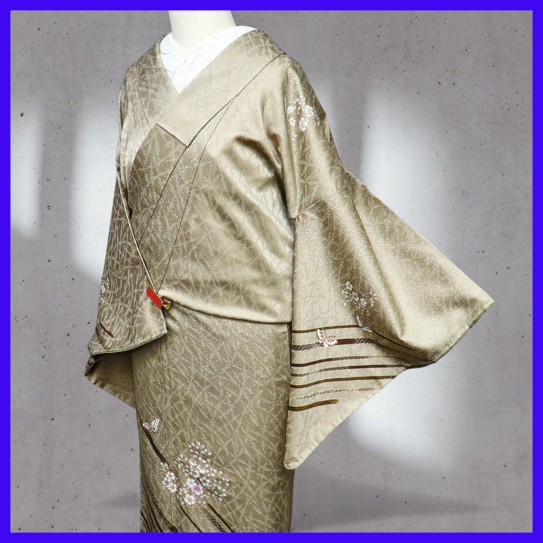 a 1217 .｡. 三日月とうさぎ.｡. SHOPフォローで きクーポン有り 洗える着物 袷 付下げ 蝶に花