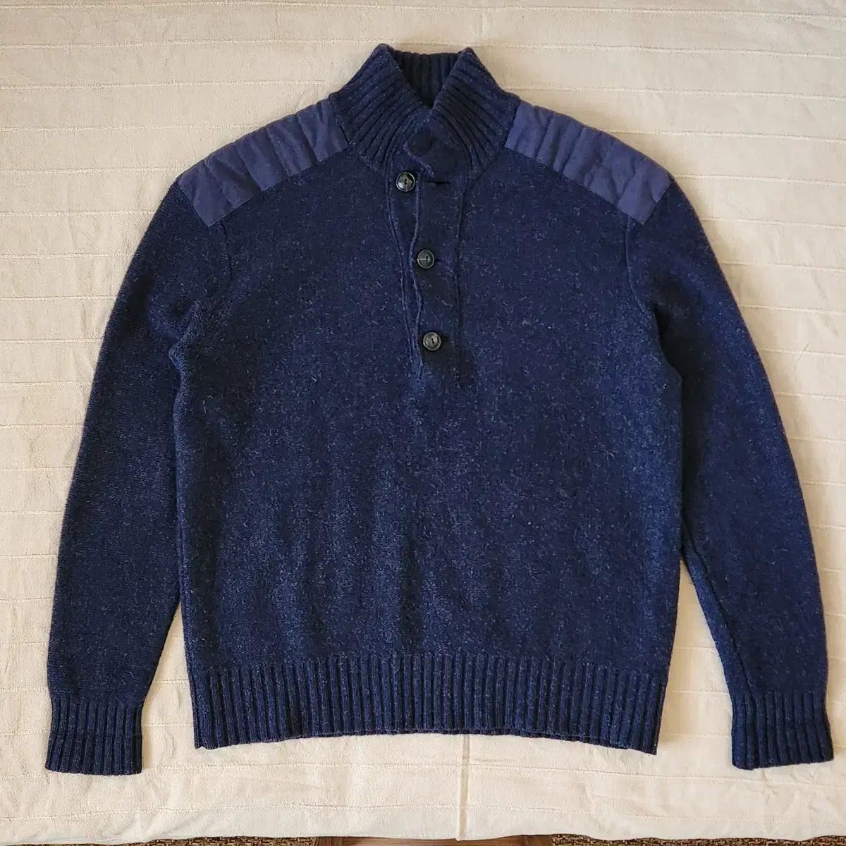ポロ ネイビー ラムウール ボタンアップ ニット プルオーバー M