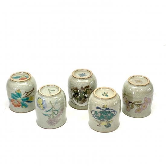 メーカー直送 九谷焼 五客お湯呑 湯飲み 大 白兎なでしこ 宝尽くし 椿に鳥 風神雷神 ソメイヨシノ 裏絵