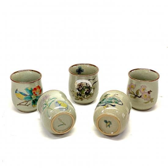 メーカー直送 九谷焼 五客お湯呑 湯飲み 大 白兎なでしこ 宝尽くし 椿に鳥 風神雷神 ソメイヨシノ 裏絵