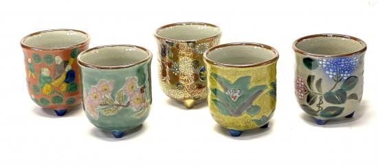 メーカー直送 九谷焼 五客湯呑 三つ足 木米写し ソメイヨシノ緑塗り 金花詰 吉田屋万年青 がく紫陽花ピンク＆ブルー