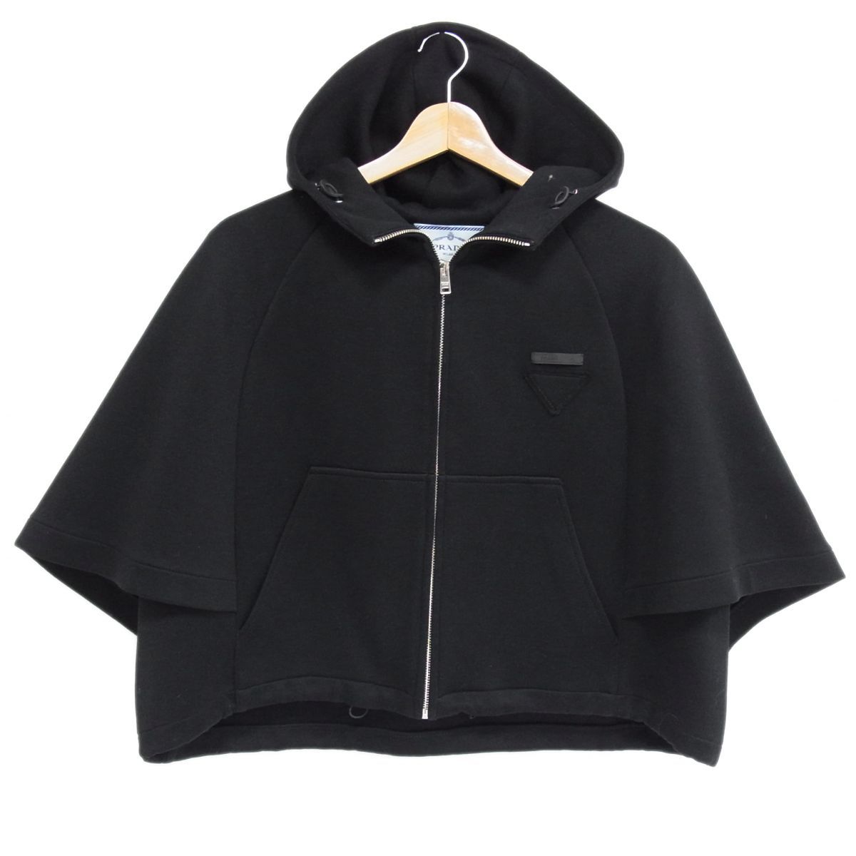 定価28万 PRADA 20aw 重ね着風 フーディ ケープ スウェットパーカー ショート丈 トライアングルステッチ プラダ イタリア製