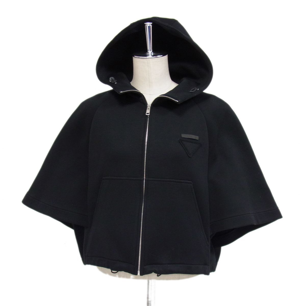 定価28万 PRADA 20aw 重ね着風 フーディ ケープ スウェットパーカー ショート丈 トライアングルステッチ プラダ イタリア製 GINKGOPHARMACY_COM