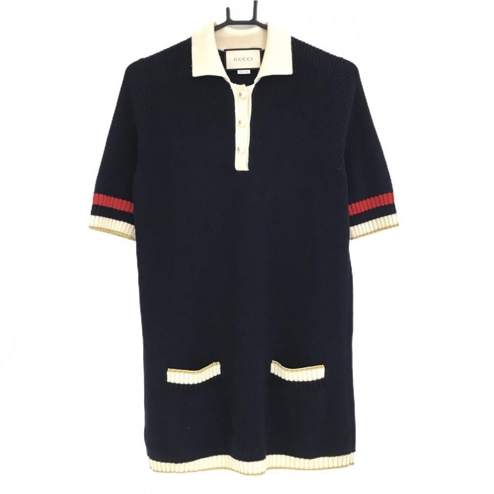 超 GUCCI グッチ 半袖ニットワンピース ネイビー×白 ポケット レディース S ブランド1