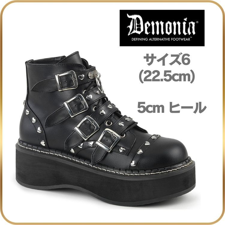 22.5 cm demonia デモニア 厚底 ブーツ ショートブーツ 5 ヒール 黒 ビーガンレザー ベルト バックル ハート スタッズ ジッパー 厚底靴 ロック パンク ファッション 靴 レディース メンズ 用 シューズ EMILY-315