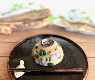 メーカー直送 九谷焼 飯碗 茶碗 大 がく紫陽花ピンク＆ブルー 裏絵