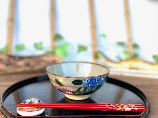 メーカー直送 九谷焼 飯碗 茶碗 大 がく紫陽花ピンク&ブルー 裏絵