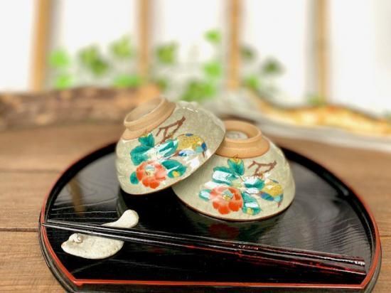 メーカー直送 九谷焼 飯碗 茶碗 ペア 椿に鳥 中絵