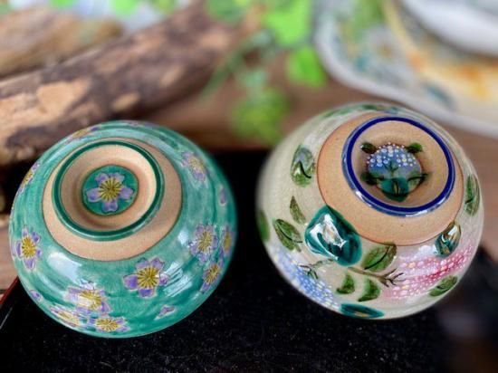 ペア グリーン地桜＆がく紫陽花ピンク