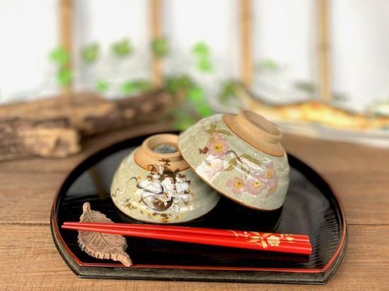 メーカー直送 九谷焼 飯碗 茶碗 ペア 風神雷神＆ソメイヨシノ 中裏絵