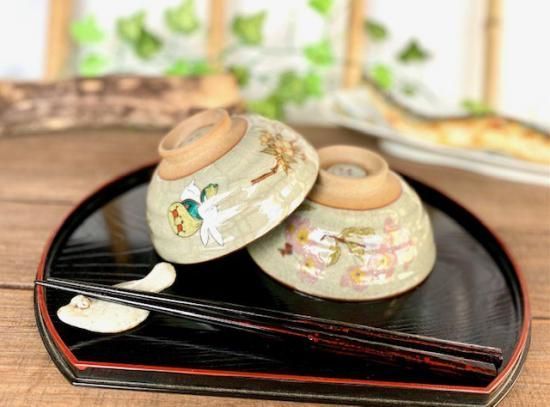 メーカー直送 九谷焼 飯碗 茶碗 ペア ウサギしだれ桜&ソメイヨシノ 中絵