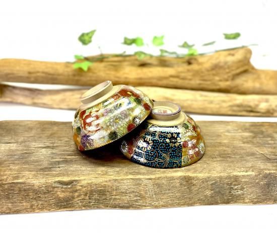 メーカー直送 九谷焼 飯碗 茶碗 同サイズペア 金花詰＆青粒 金花詰