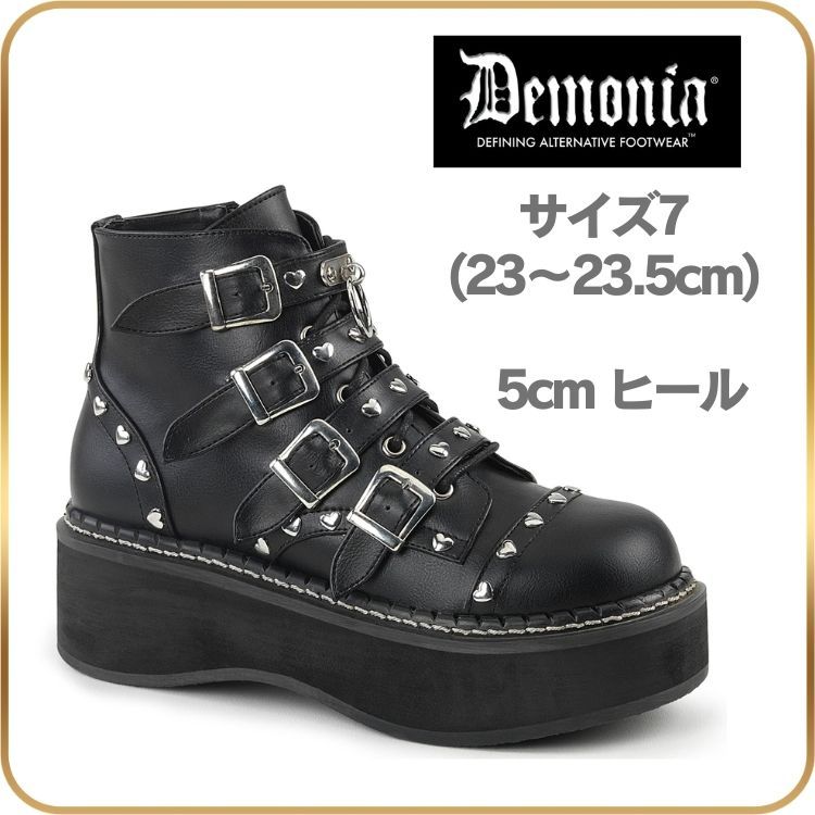 23 23.5 cm demonia デモニア 厚底 ブーツ ショートブーツ 5 ヒール 黒 ビーガンレザー ベルト バックル ハート スタッズ ジッパー 厚底靴 ロック パンク ファッション 靴 レディース メンズ 用 シューズ EMILY-315