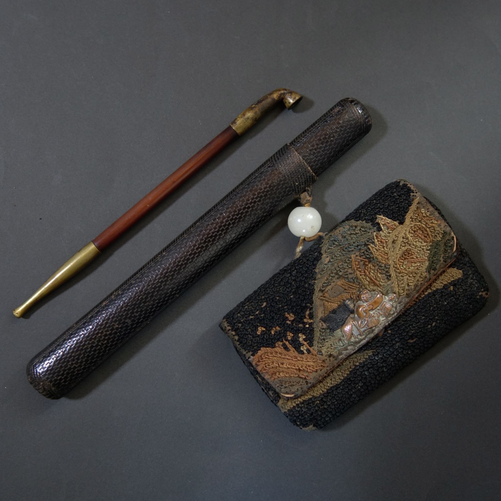時代物 煙管 煙草入 煙管筒 金口 細工 彫刻 一式 骨董 アンティーク 時代物 煙管 煙草入 煙管筒 金口 細工 彫刻 一式 骨董 アンティーク