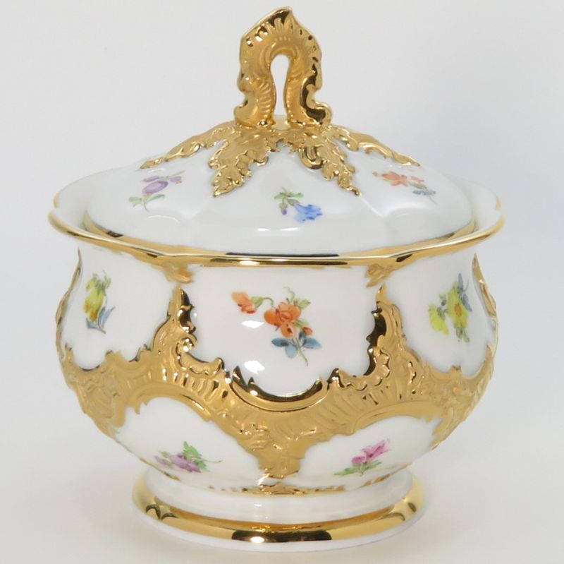 マイセン ポット Bフォーム グランツゴールド 散らし小花 シュガーポット 小物入れ 金彩 1個 1級品 Meissen