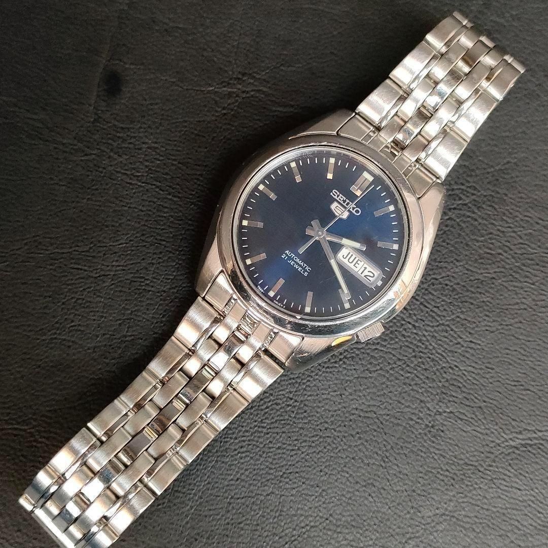 751-3 美品 SEIKO 5 セイコーファイブ ネイビー シルバー 自動巻き 裏