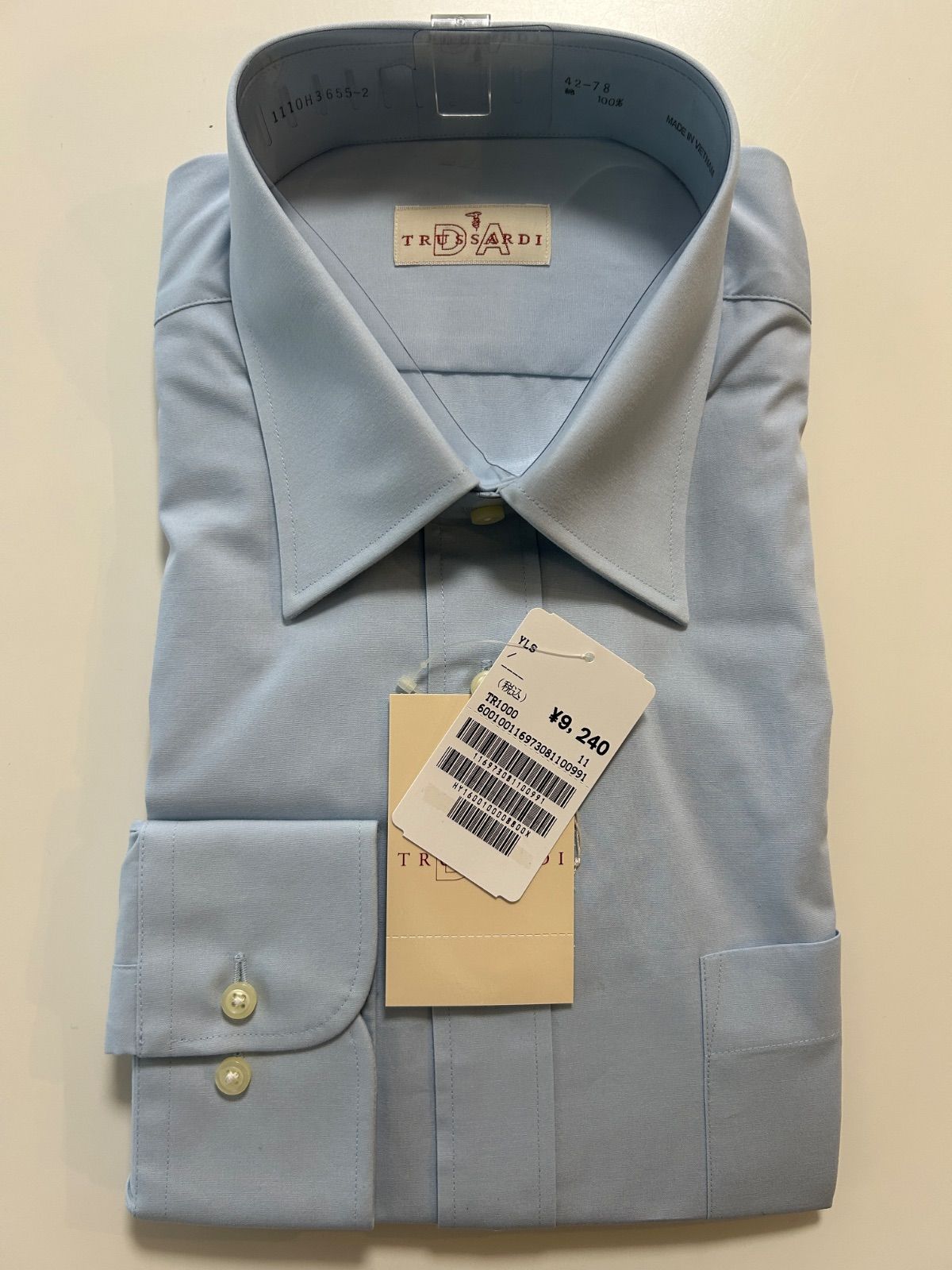 TRUSSARDIトラサルディ長袖ワイシャツ長袖メンズシャツ長袖シャツトップス紳士服レギュラー ライトブルー水色系青色系無地綿100%襟回り42-ゆき78メンズmen男性用紳士製品タグ