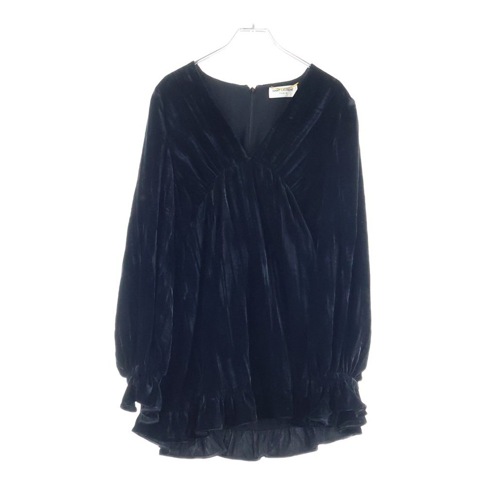 SAINT LAURENT PARIS サンローランパリ Vネック ベロア ベルベット ギャザー 長袖 ミニワンピース ドレス ブラック レディース 682087
