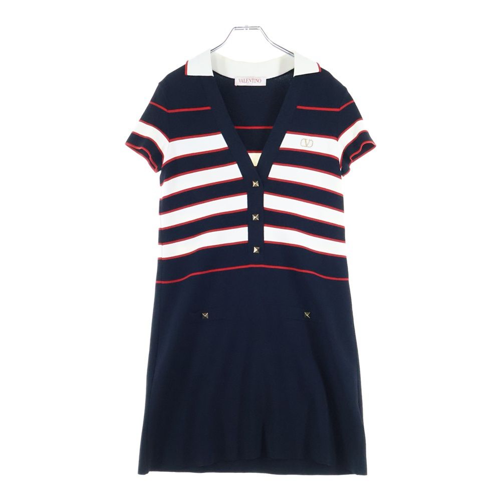 valentino garavan ヴァレンティノガラヴァーニ Vロゴ刺繍 ロックスタッズ ボーダー柄 レーヨンニット 半袖 ミディアム ワンピース ネイビー レディース 1B3KD08L7FG