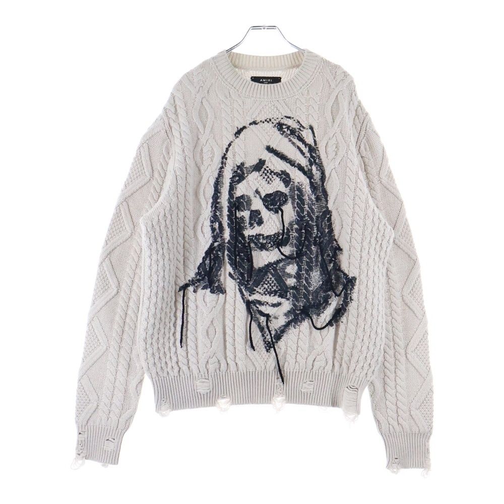 AMIRI アミリ 22AW WES LANG CABLE REAPER CREW ウェスラング スカル ダメージ加工クルーネックカシミアニットシャツ ベージュ AW22MKL023