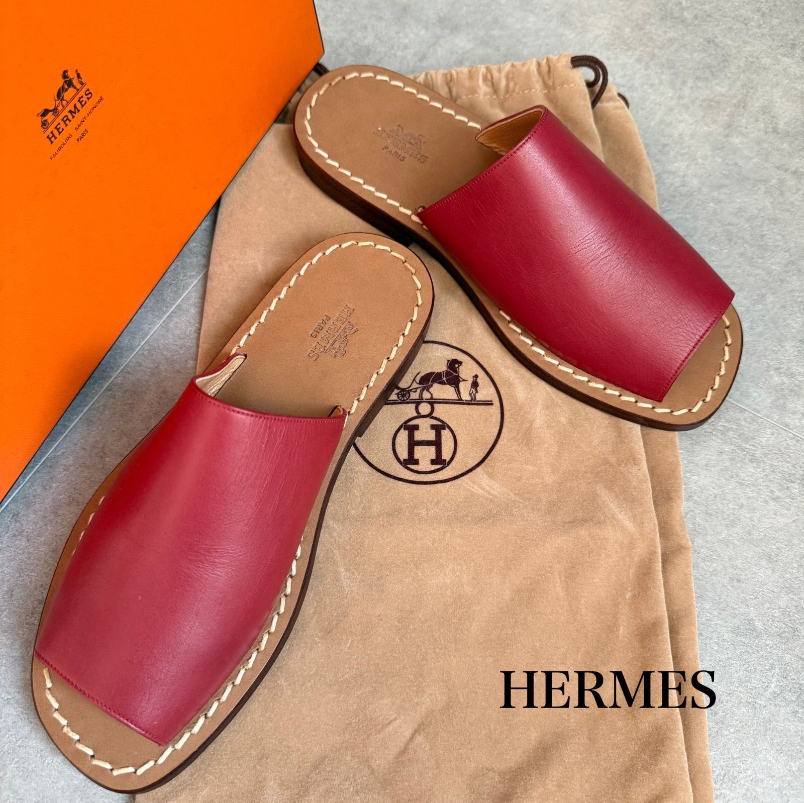 HERMES エルメス レザー フラットシューズサンダル 赤 レッド レディース 36 23 cm スライドサンダル