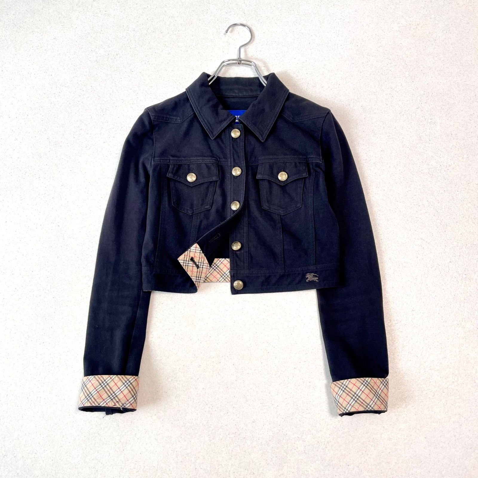 Y2K BURBERRY BLUE LABEL バーバリーブルーレーベル 平成ギャフェアリーグランジ 短丈 ジャケット ノバチェック ホースロゴ刺繍 ブラック