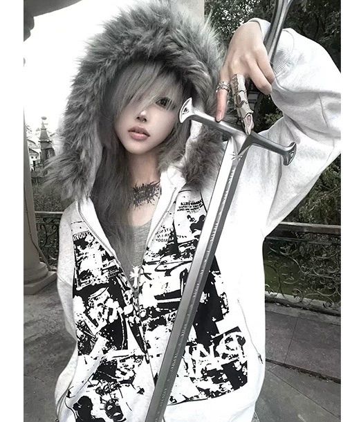 ホワイト ユニセックス サブカル ファー フード パーカー レディース ストリート系 モード系 オーバーサイズ ジップアップ フーディ グラフィックプリント 白 黒 原宿系 秋冬 量産型 地雷系 かわいい カジュアル コーデ 秋 冬