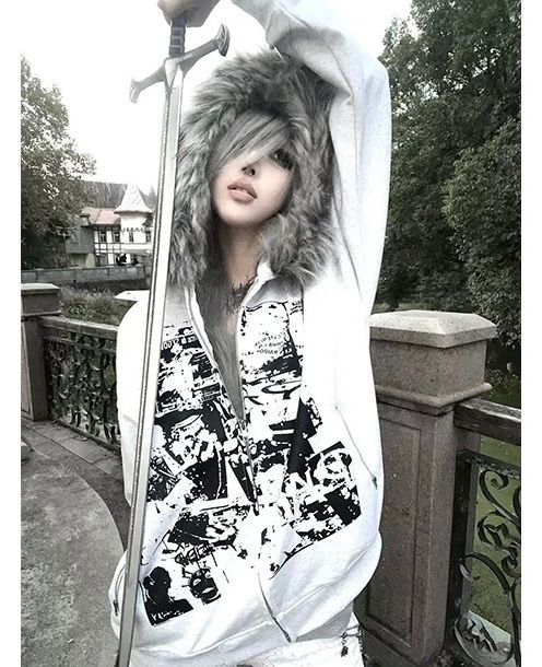 ホワイト ユニセックス サブカル ファー フード パーカー レディース ストリート系 モード系 オーバーサイズ ジップアップ フーディ グラフィックプリント 白 黒 原宿系 秋冬 量産型 地雷系 かわいい カジュアル コーデ 秋 冬