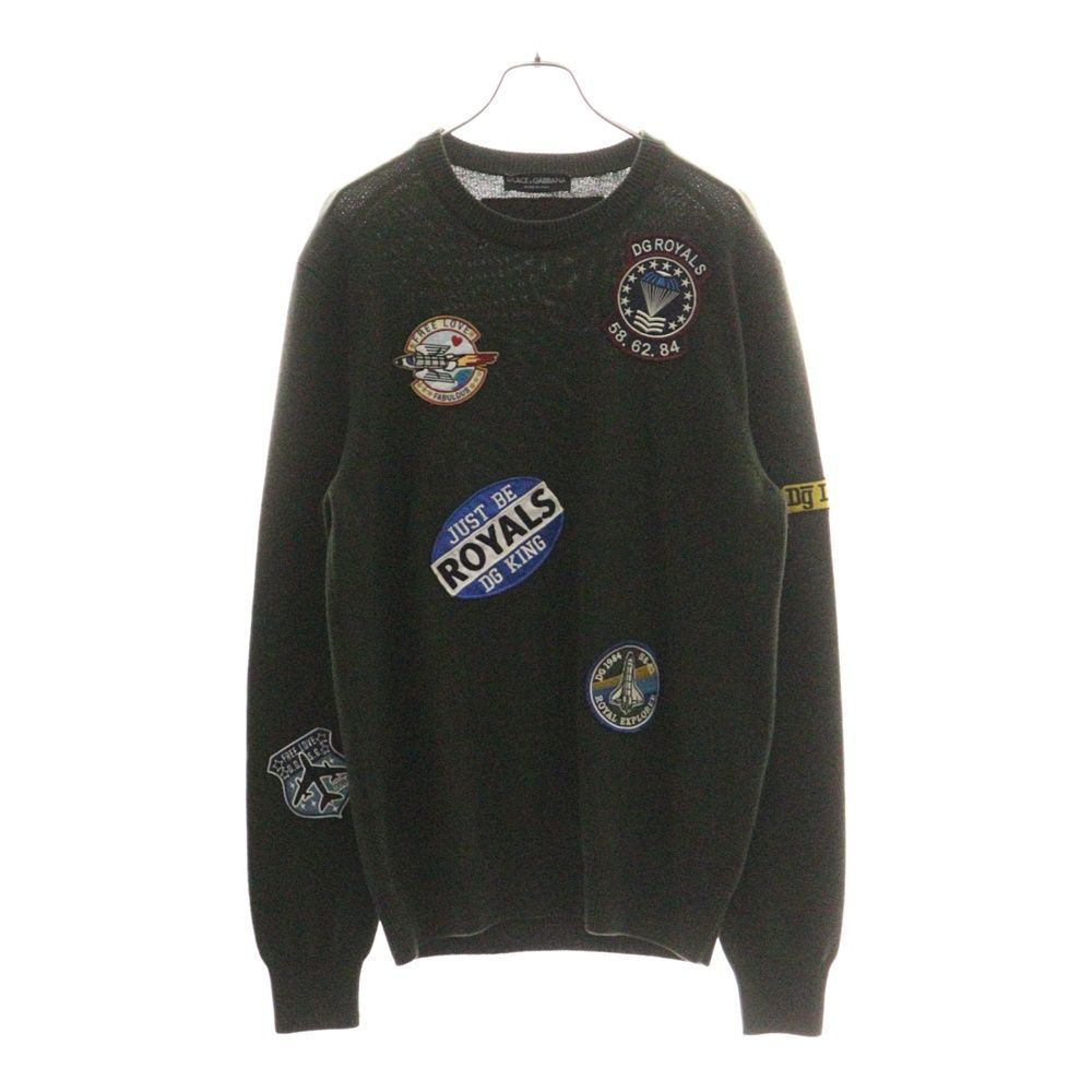 DOLCE - GABBANA ドルチェアンドガッバーナ ワッペン クルーネック長袖ニットセーター カーキ GX476Z