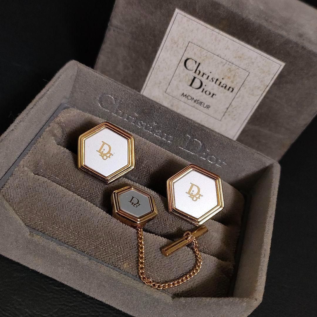 697‐18 Christian Dior クリスチャン ディオール カフス タイピンセット ゴールド シルバー ロゴ 六角形 ヘキサゴン ビジネス カフリンクス ネクタイピン