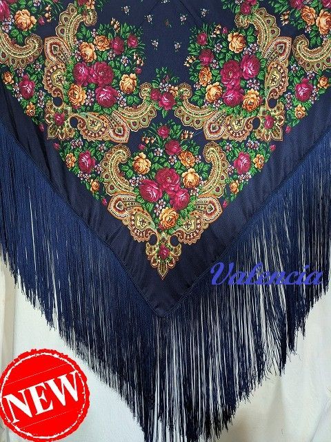 華やか~花柄プリントが鮮やかな大判マントン ダークネイビー