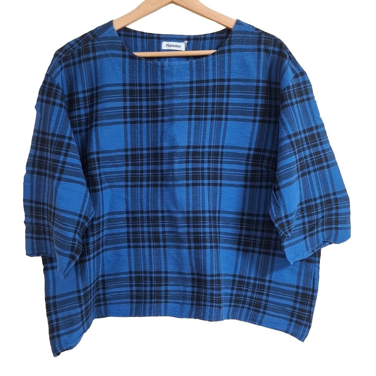 Plantation プランテーション 七分袖カットソー サイズ2 M レディース - ブルー×黒 クルーネック シワ加工 チェック柄