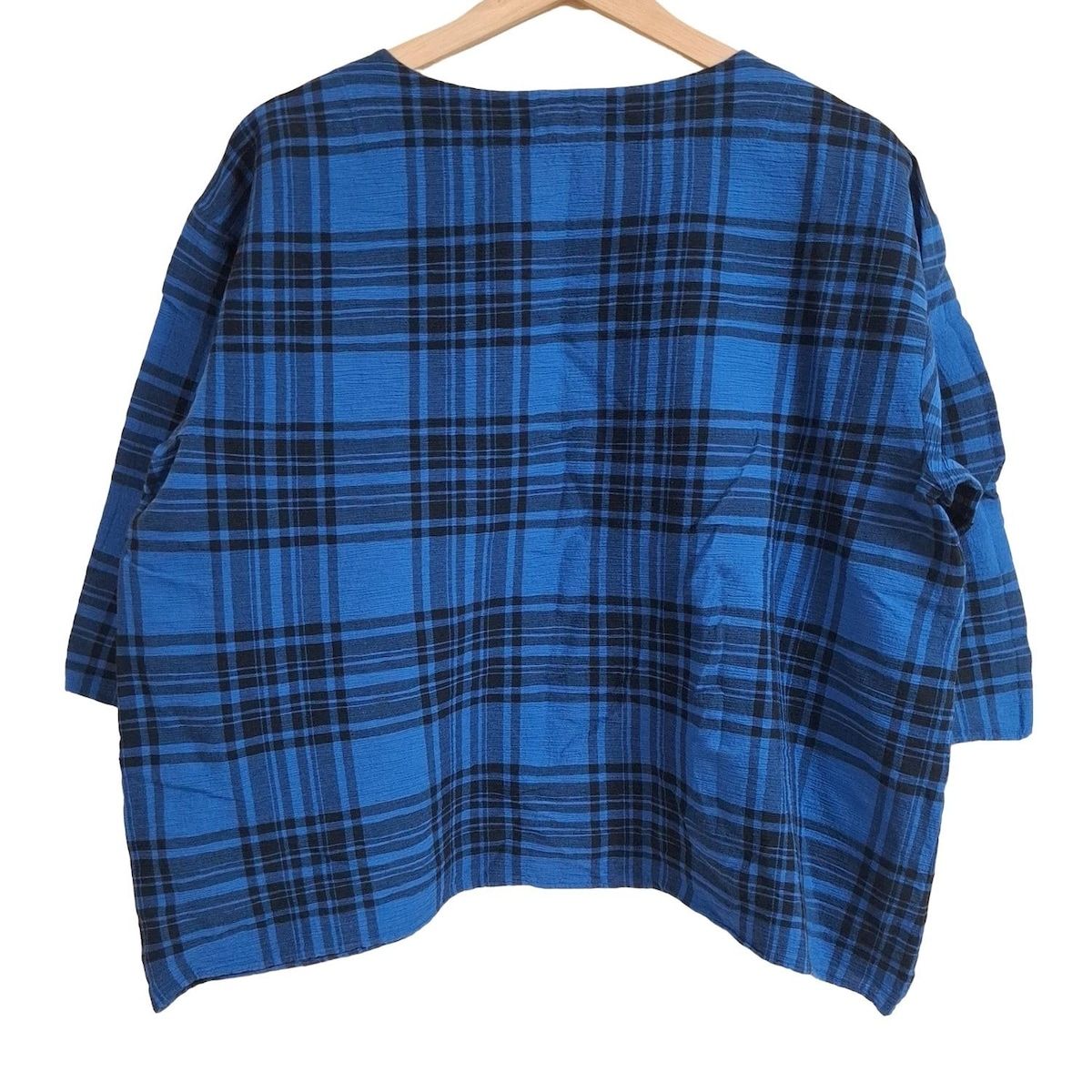 Plantation プランテーション 七分袖カットソー サイズ2 M レディース - ブルー×黒 クルーネック シワ加工 チェック柄