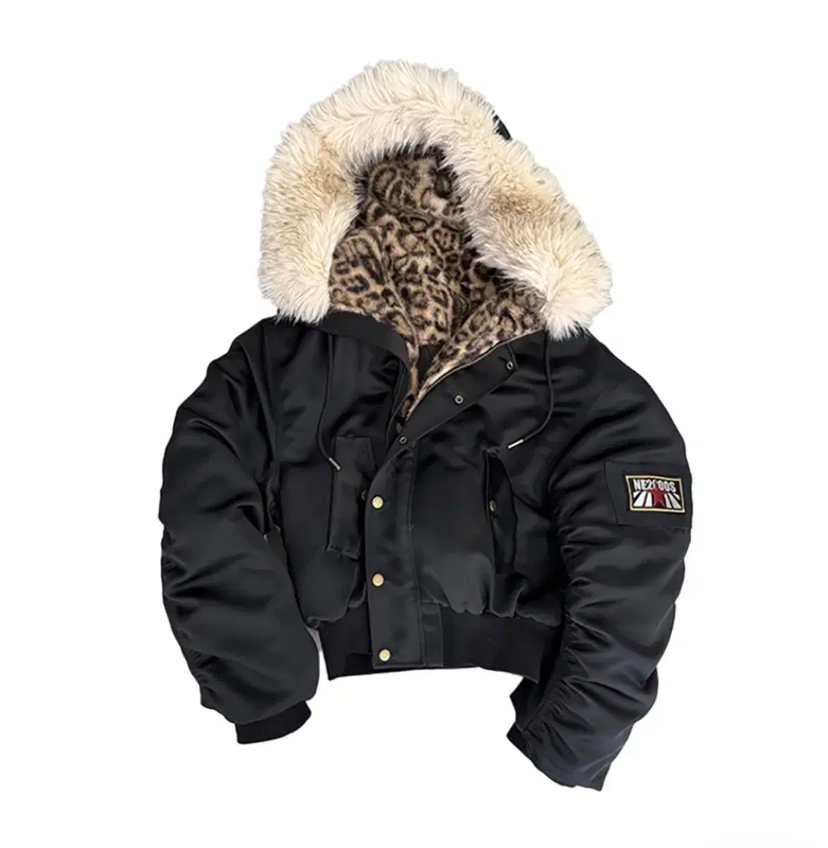 no E mosen ヒョウ柄 クロップド フード ファー MA-1ジャケット